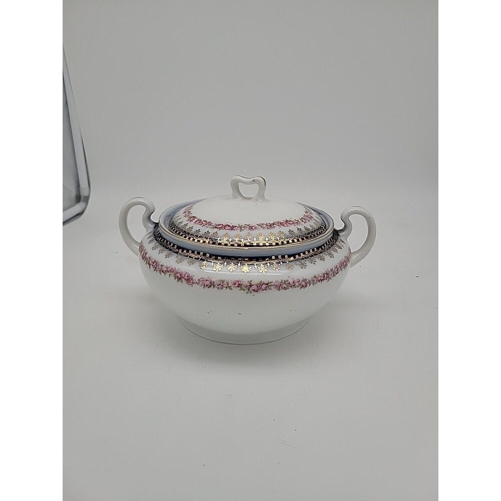 Mosanic Bavaria Covered Dish Vintage Antique? Blue Gold Pink Flowers Lid Handles